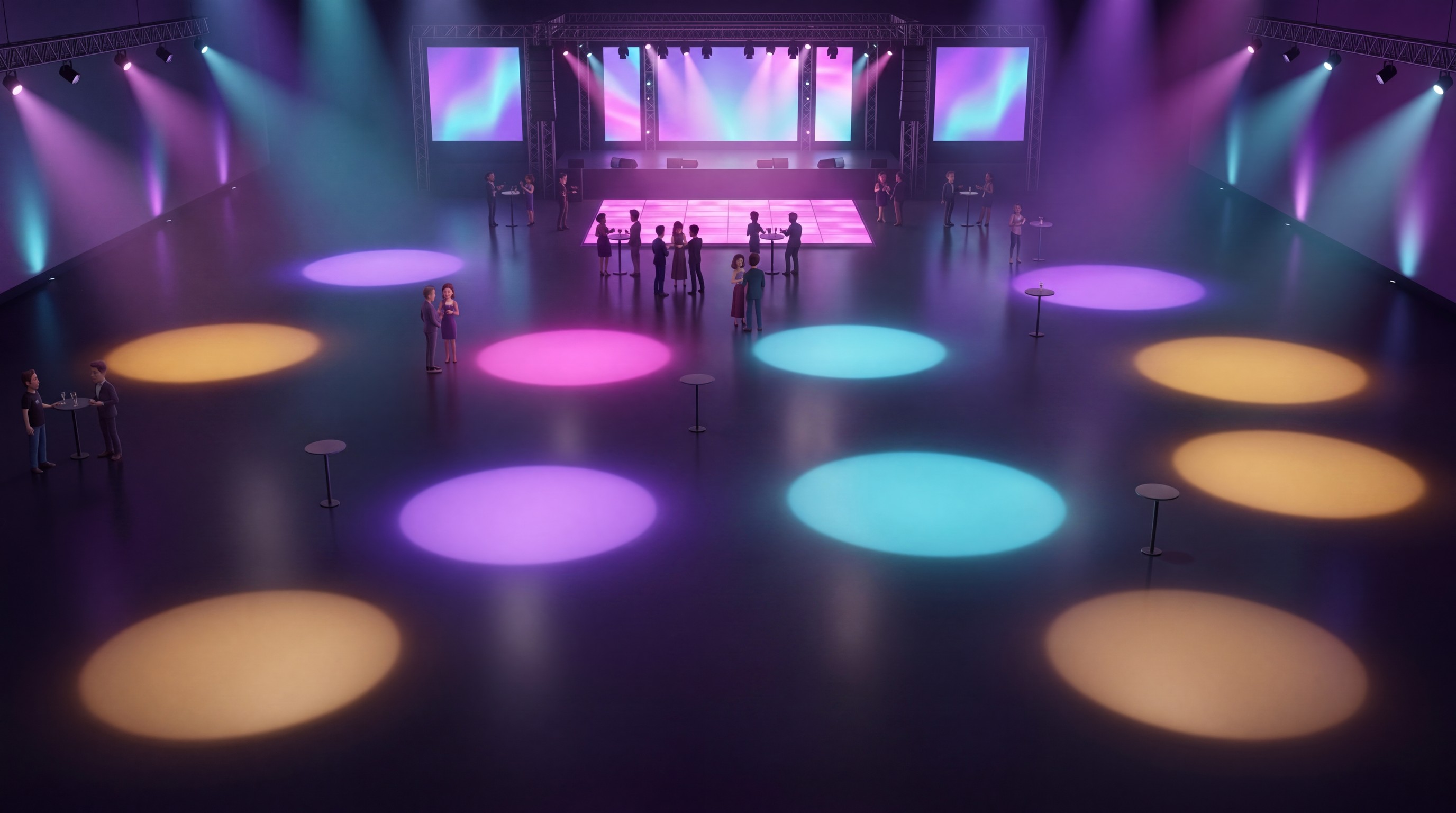 La planta de un salón de fiestas con las estaciones de Content Booth montadas en su lugar