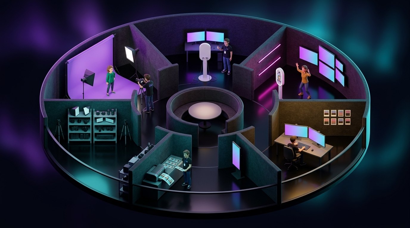 Las oficinas de Content Booth vistas desde arriba: el set de fotos, el laboratorio de IA, el escritorio de diseño, la sala de tecnología y la de pruebas, alrededor de una mesa redonda