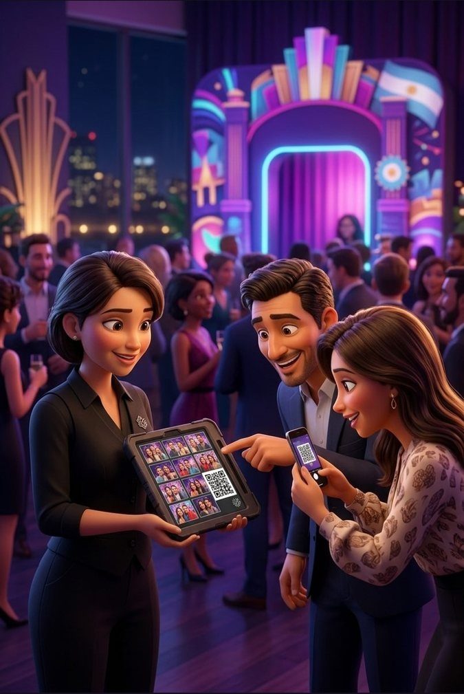 Alguien de Content Booth muestra la tira de fotos con el QR y una pareja la escanea con el celular