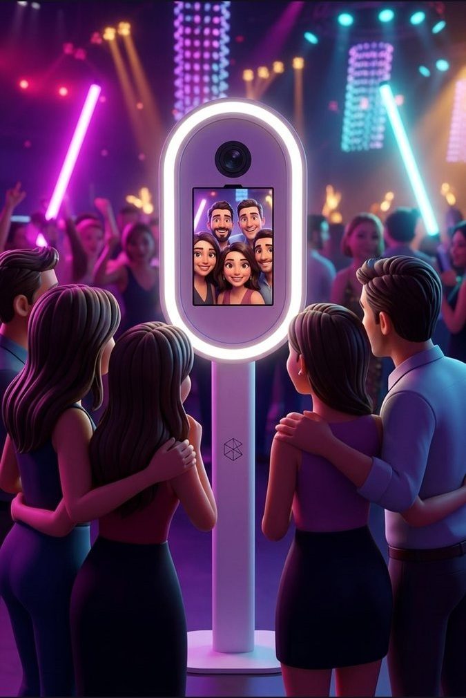 Un grupo de amigos posa frente al tótem en plena pista y se ve su foto en la pantalla