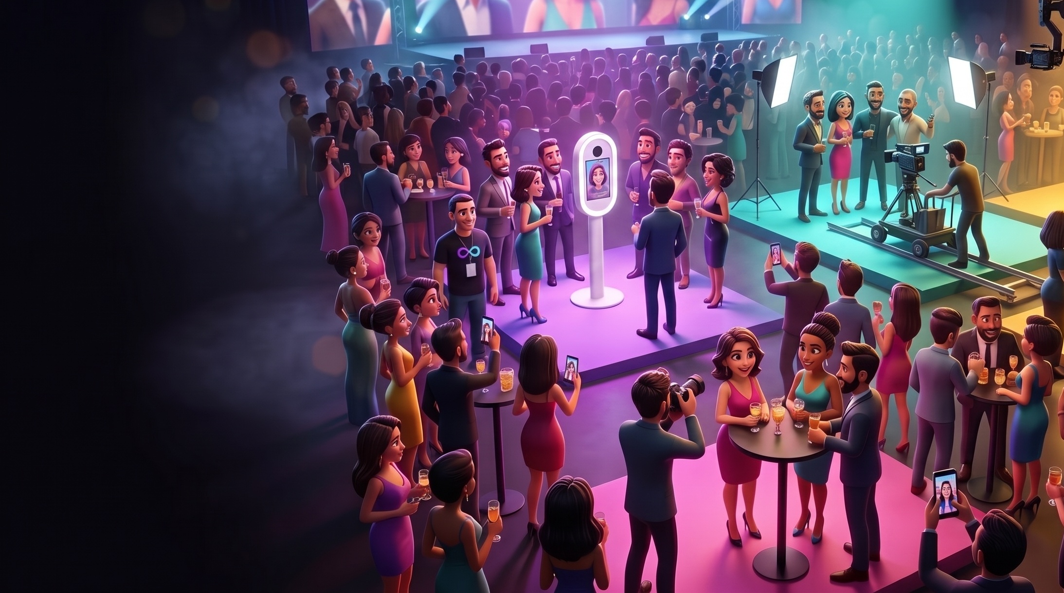 Una fiesta de fin de año vista desde arriba, con cuatro espacios de Content Booth trabajando a la vez: la grúa en el ingreso, el set de cine en recepción, el tótem y un fotógrafo entre la gente