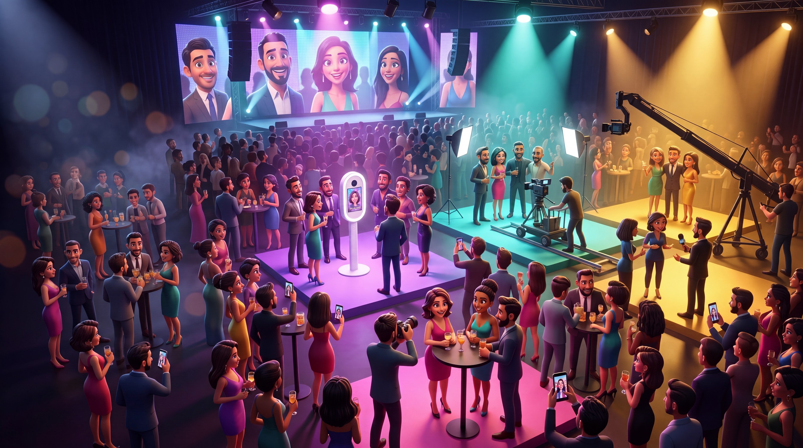 Una fiesta de fin de año vista desde arriba, con cuatro espacios de Content Booth trabajando a la vez: la grúa en el ingreso, el set de cine en recepción, el tótem y un fotógrafo entre la gente